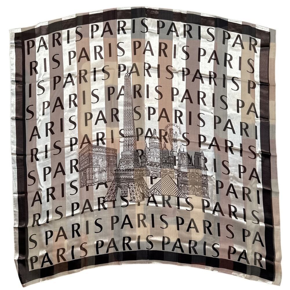 Beige Brown France Historic Monuments Eiffel Tower Arc de Triomphe Square Scarf